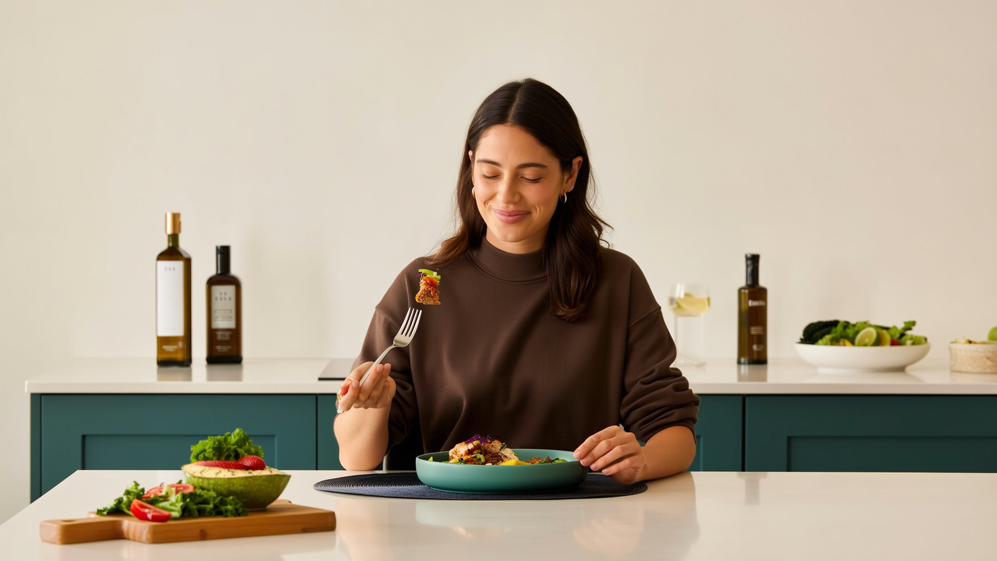 Woman enjoying mindful eating with balanced meal on GLP-1 program