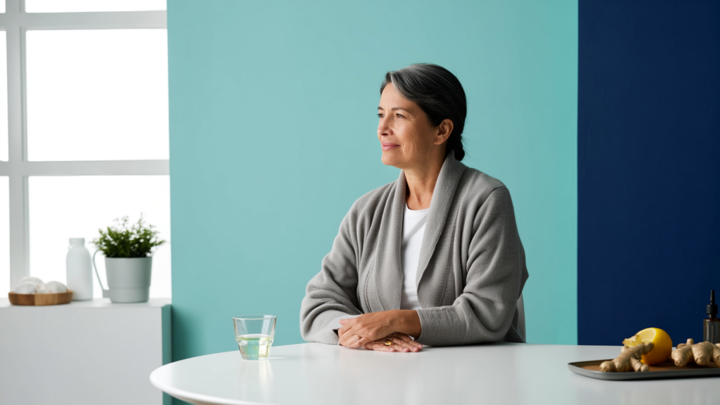 Woman managing GLP-1 side effects at home with water and ginger tea