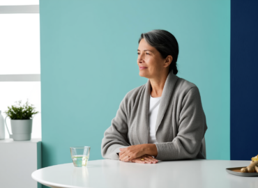 Woman managing GLP-1 side effects at home with water and ginger tea