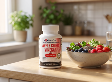 CoraDoc Apple Cider Vinegar with a fiber-rich berry breakfast for relief from GLP-1 constipation