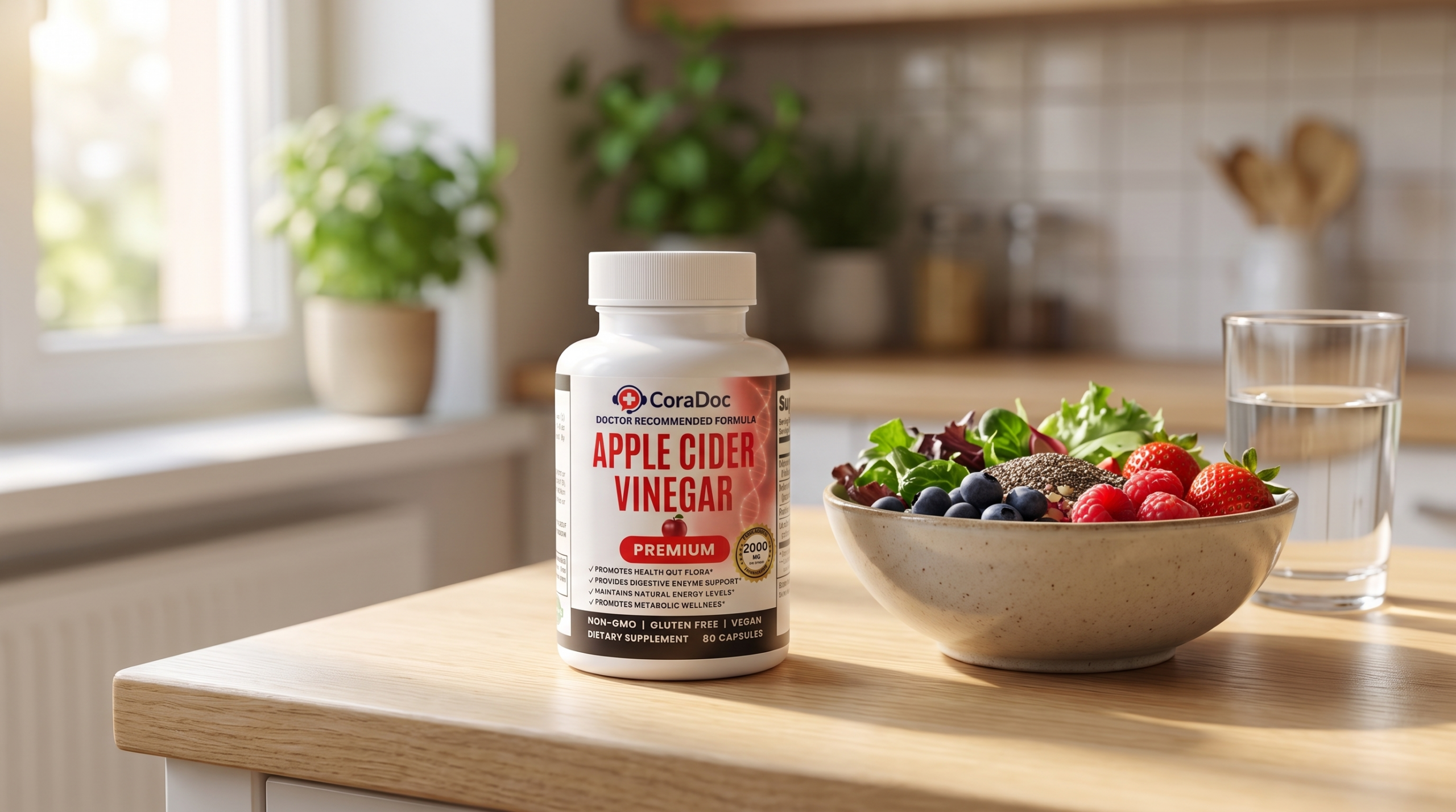 CoraDoc Apple Cider Vinegar with a fiber-rich berry breakfast for relief from GLP-1 constipation