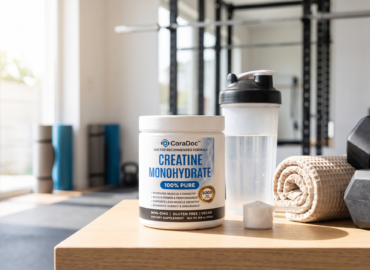 CoraDoc Creatine Monohydrate tub in a home gym with dumbbells for strength on a GLP-1