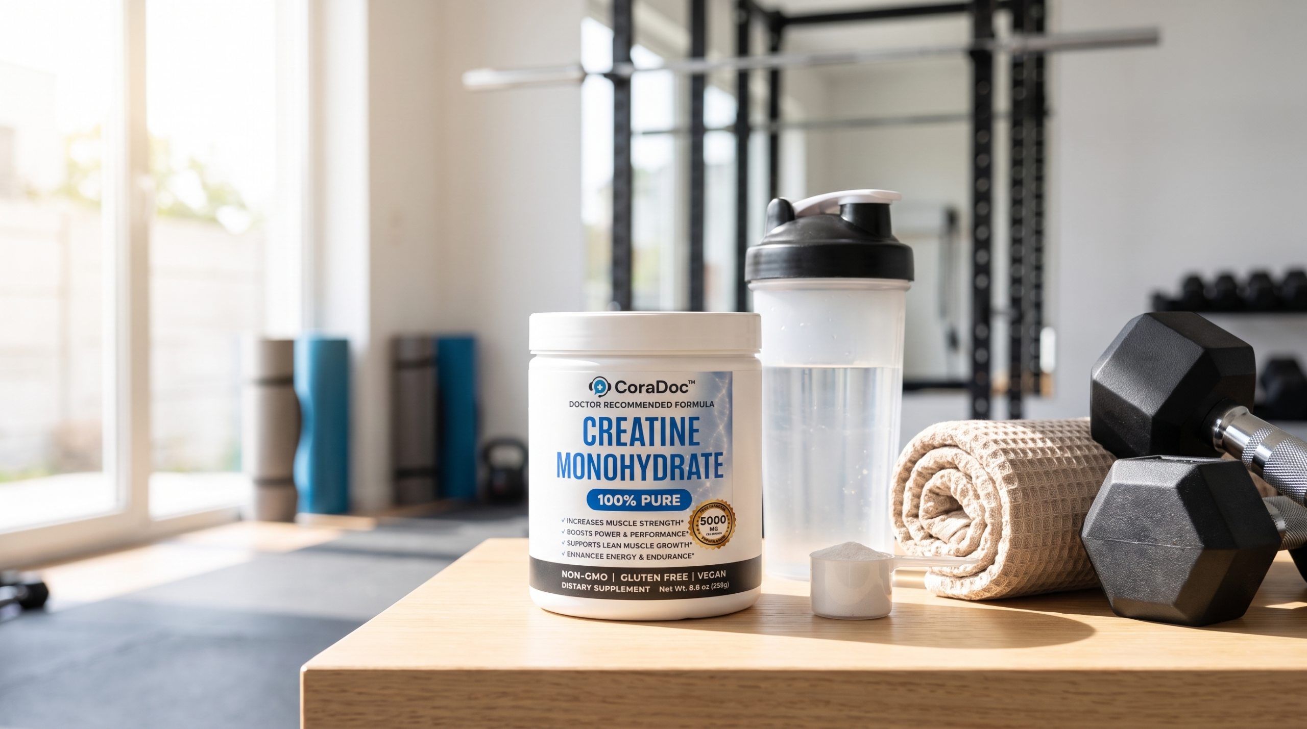 CoraDoc Creatine Monohydrate tub in a home gym with dumbbells for strength on a GLP-1