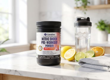 CoraDoc Nitric Shock pre-workout with water and citrus for electrolytes and hydration on a GLP-1