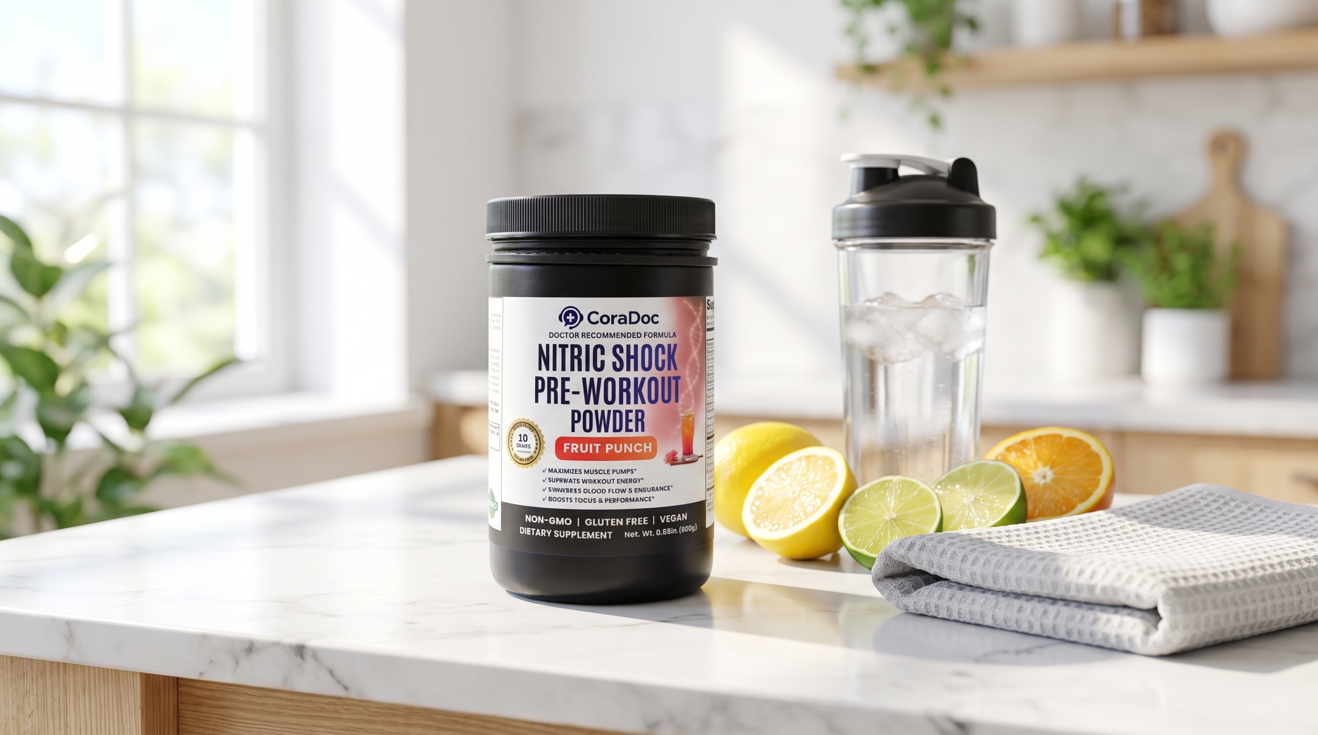 CoraDoc Nitric Shock pre-workout with water and citrus for electrolytes and hydration on a GLP-1