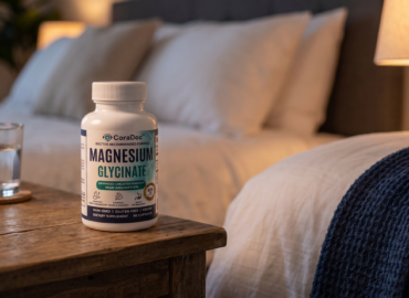 CoraDoc Magnesium Glycinate bottle on a bedside table at night for sleep on a GLP-1
