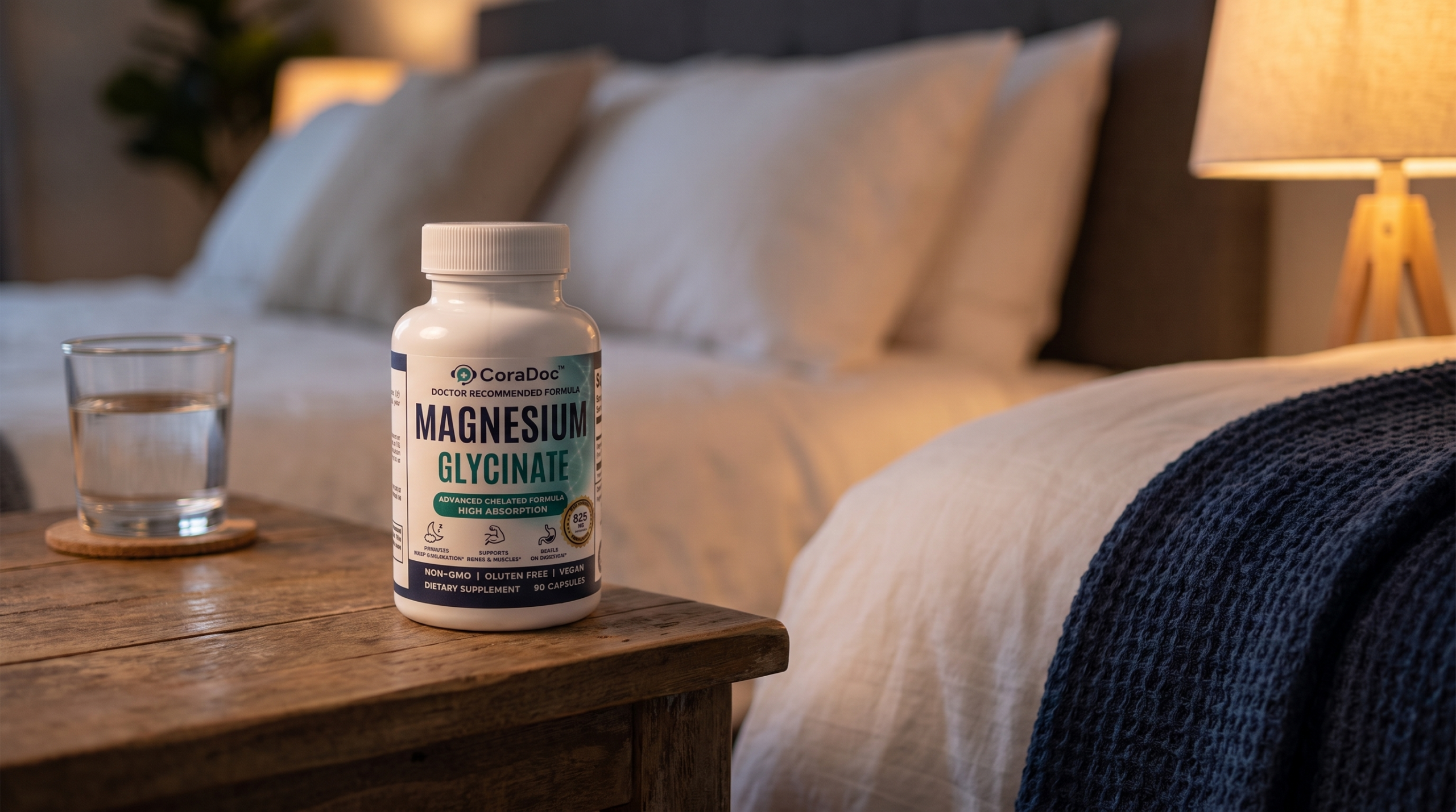 CoraDoc Magnesium Glycinate bottle on a bedside table at night for sleep on a GLP-1