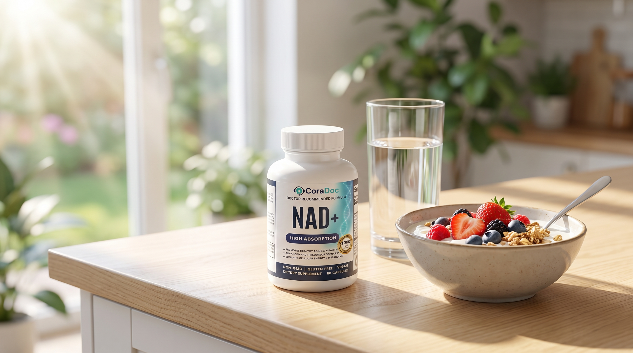 CoraDoc NAD+ with a bright breakfast for energy on a GLP-1