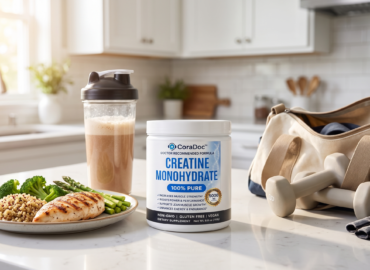 CoraDoc Creatine Monohydrate with a post-workout high-protein meal to protect muscle on a GLP-1
