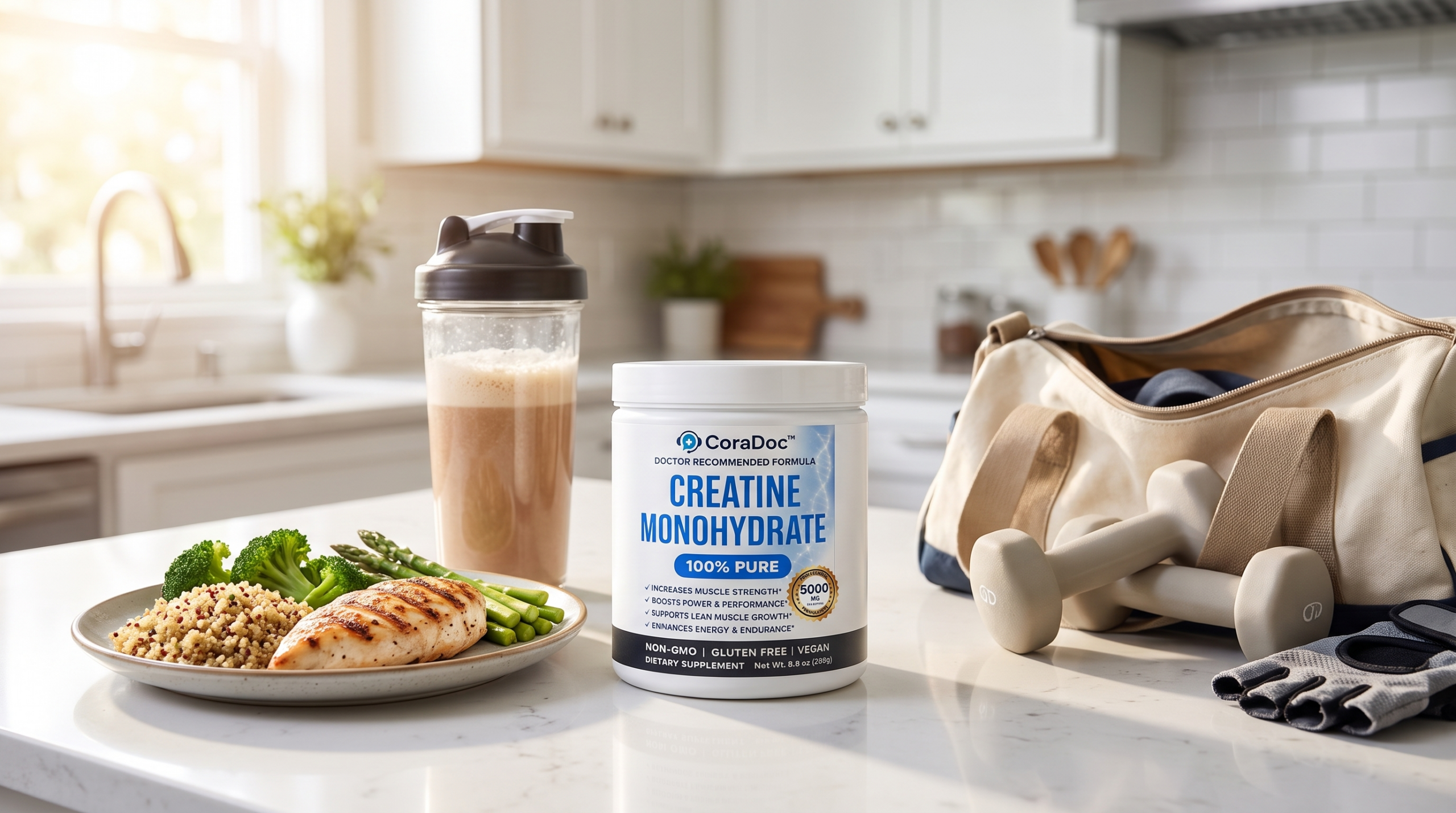 CoraDoc Creatine Monohydrate with a post-workout high-protein meal to protect muscle on a GLP-1