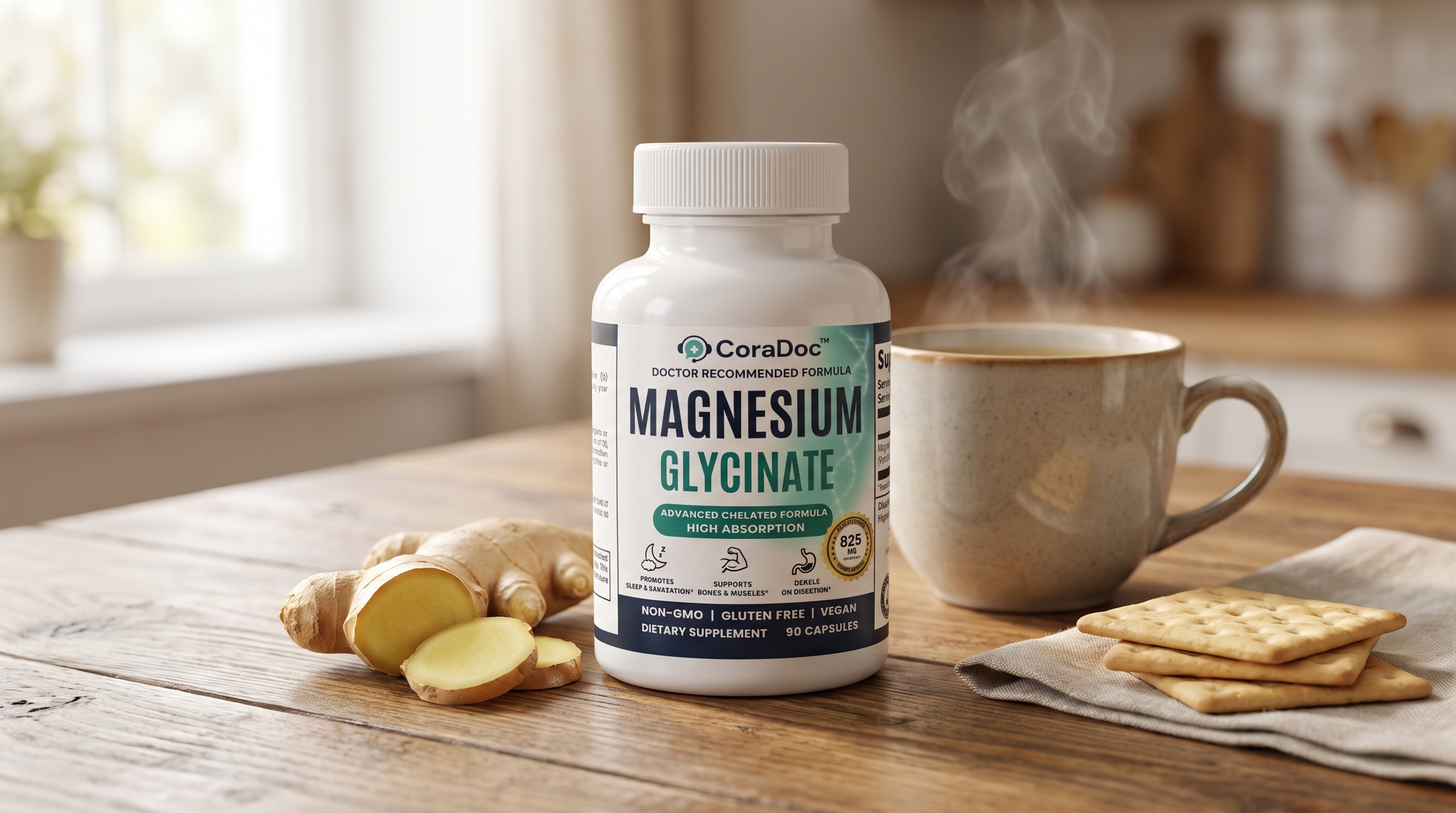 CoraDoc Magnesium with ginger tea and crackers to soothe GLP-1 nausea