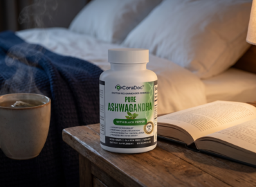 CoraDoc Ashwagandha on a nightstand for better sleep on a GLP-1