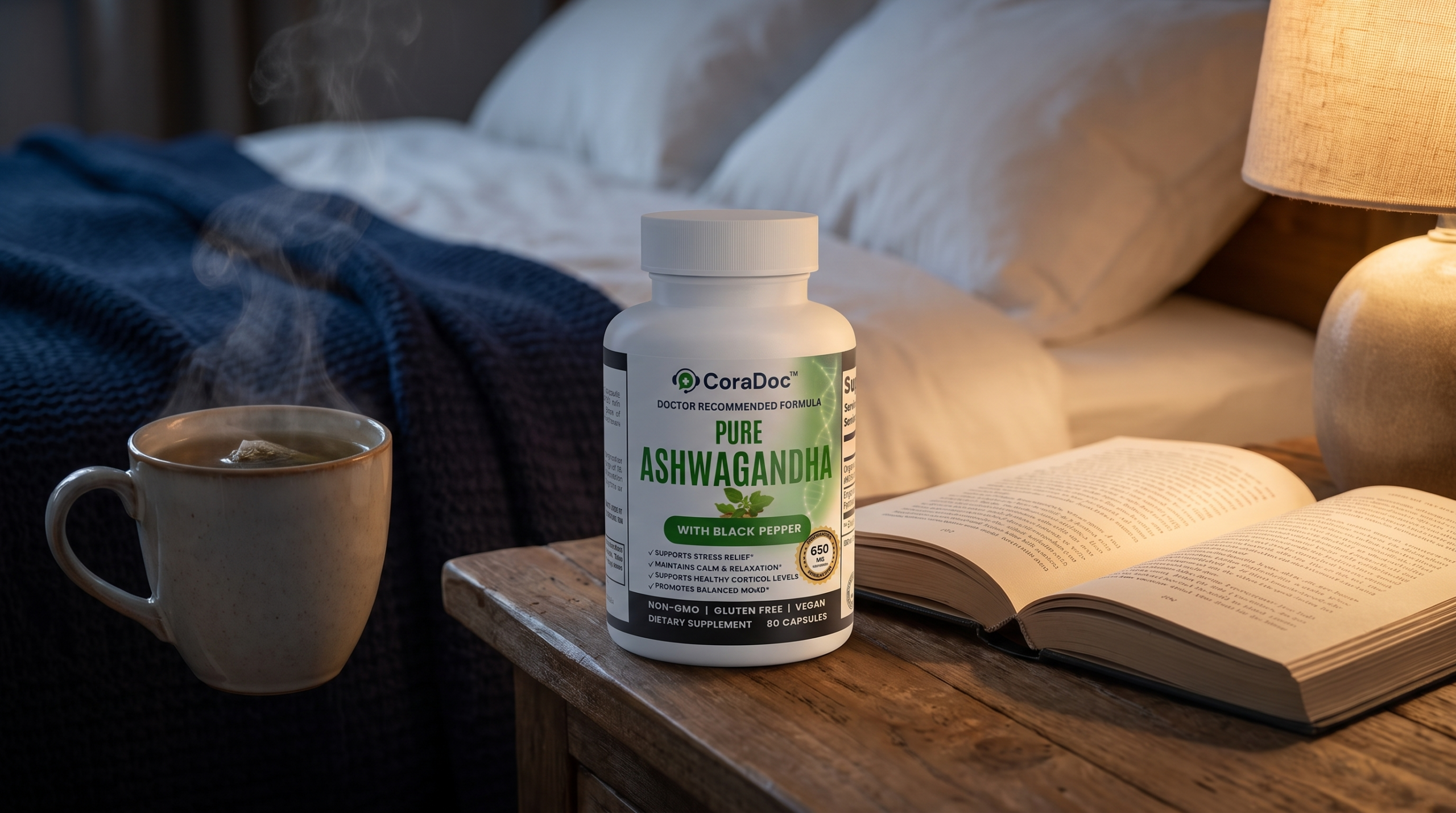 CoraDoc Ashwagandha on a nightstand for better sleep on a GLP-1