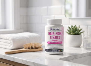 CoraDoc Hair, Skin and Nails gummies on a bathroom vanity for healthy hair on a GLP-1