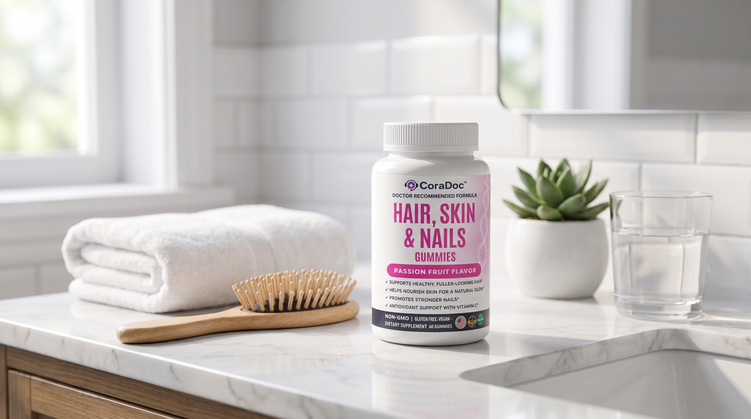 CoraDoc Hair, Skin and Nails gummies on a bathroom vanity for healthy hair on a GLP-1