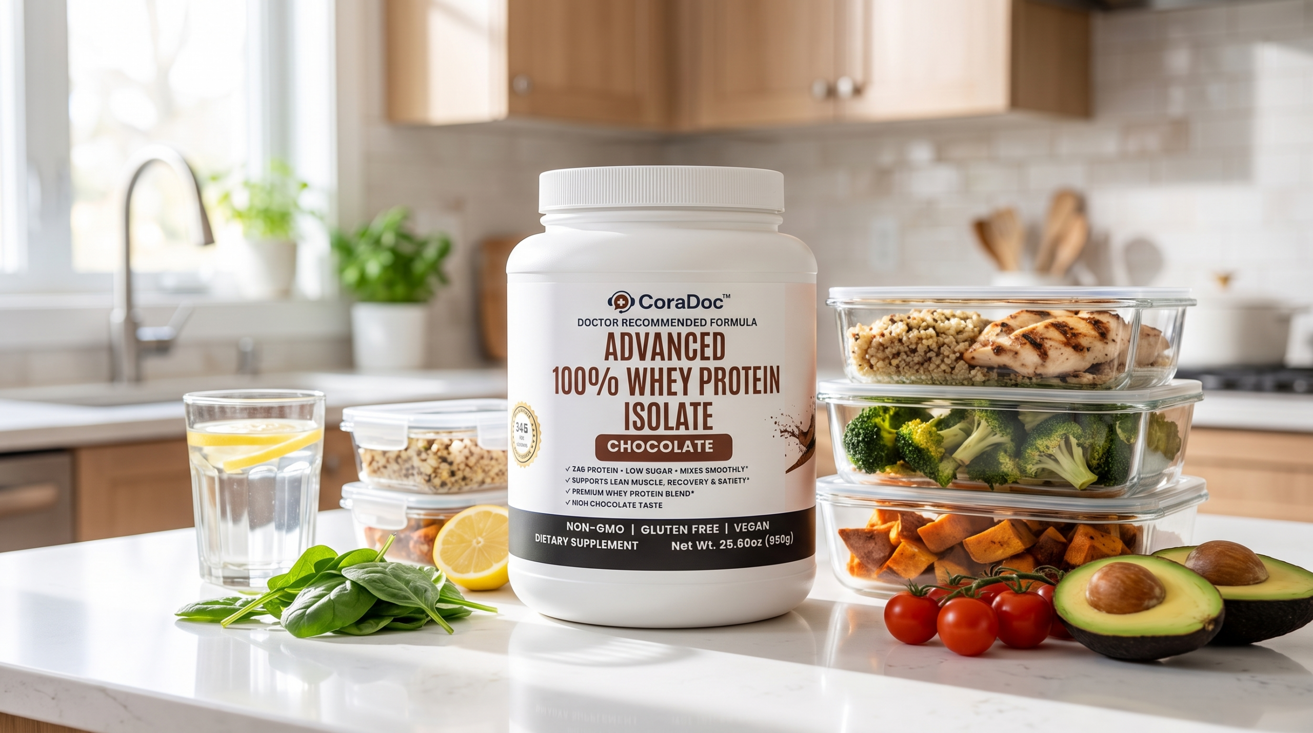 CoraDoc Whey Protein with healthy meal prep to maintain results after stopping a GLP-1