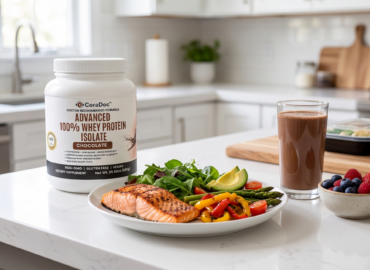 A balanced high-protein GLP-1 meal of salmon, greens and vegetables with CoraDoc Whey Protein for a semaglutide or tirzepatide diet