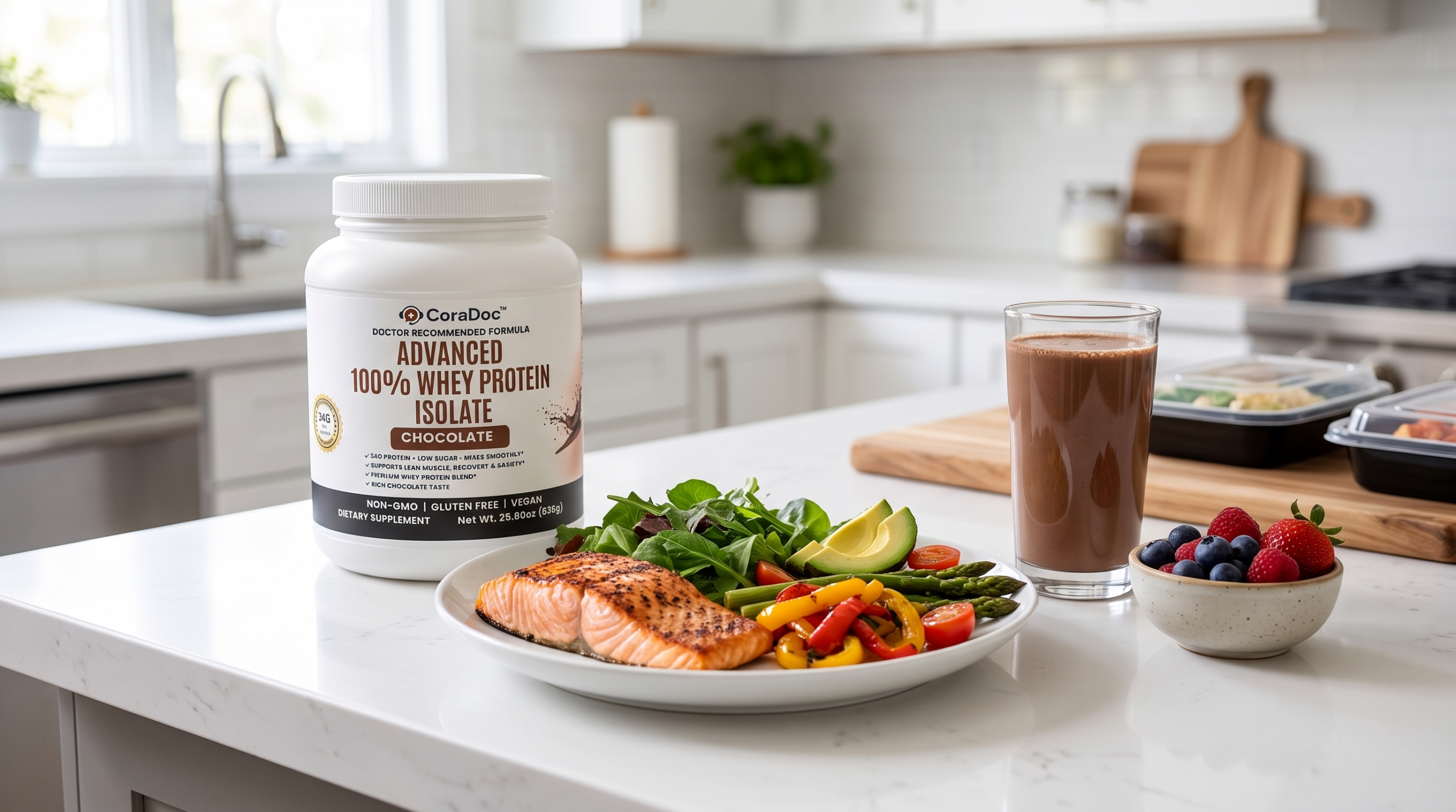 A balanced high-protein GLP-1 meal of salmon, greens and vegetables with CoraDoc Whey Protein for a semaglutide or tirzepatide diet